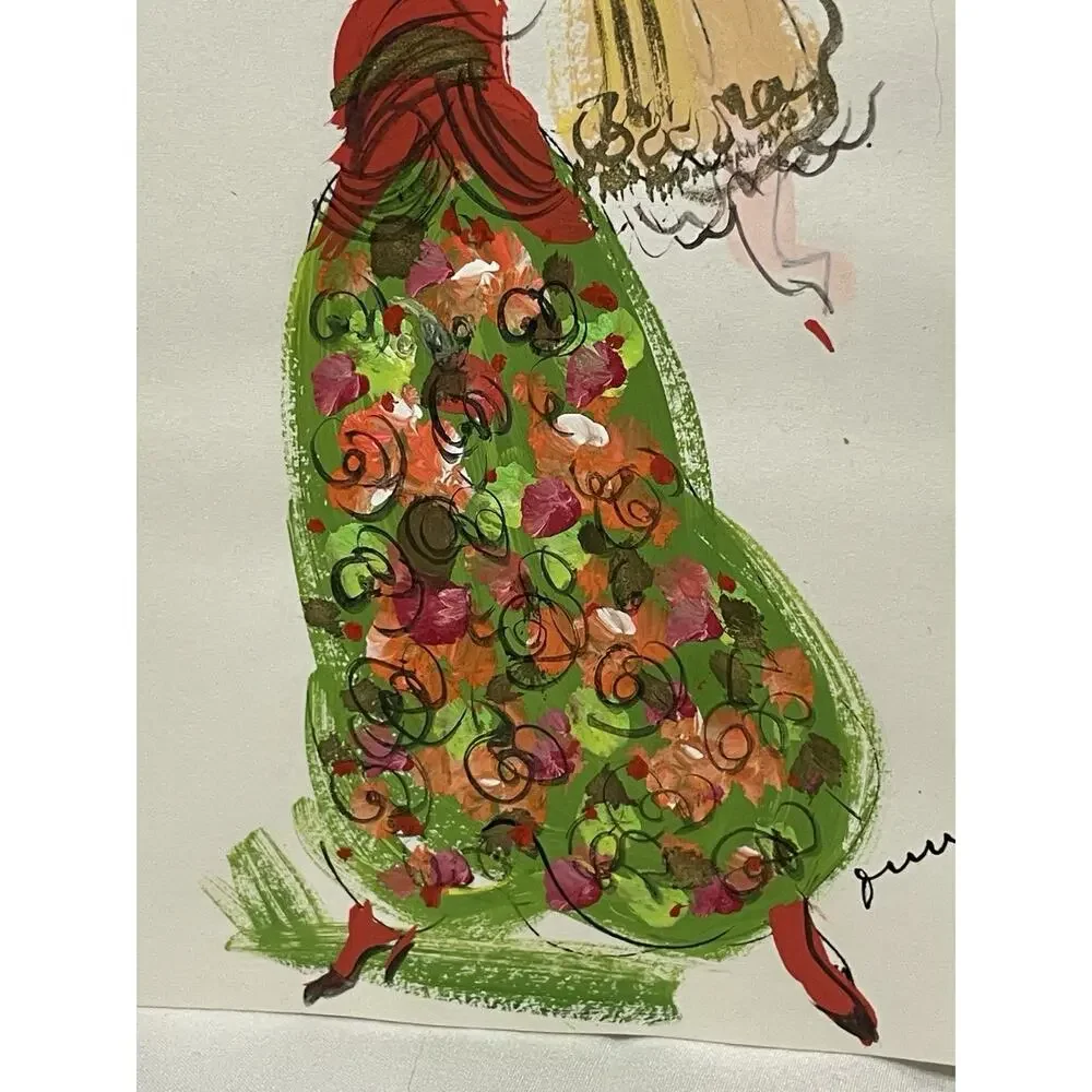 VTG Hand Painted Greeting Card w Envelope Mid Century Woman Floral Dress OOAK